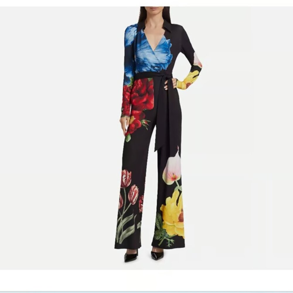 Alice + Olivia Melinda Floral Wide Leg Wrap Jumpsuit